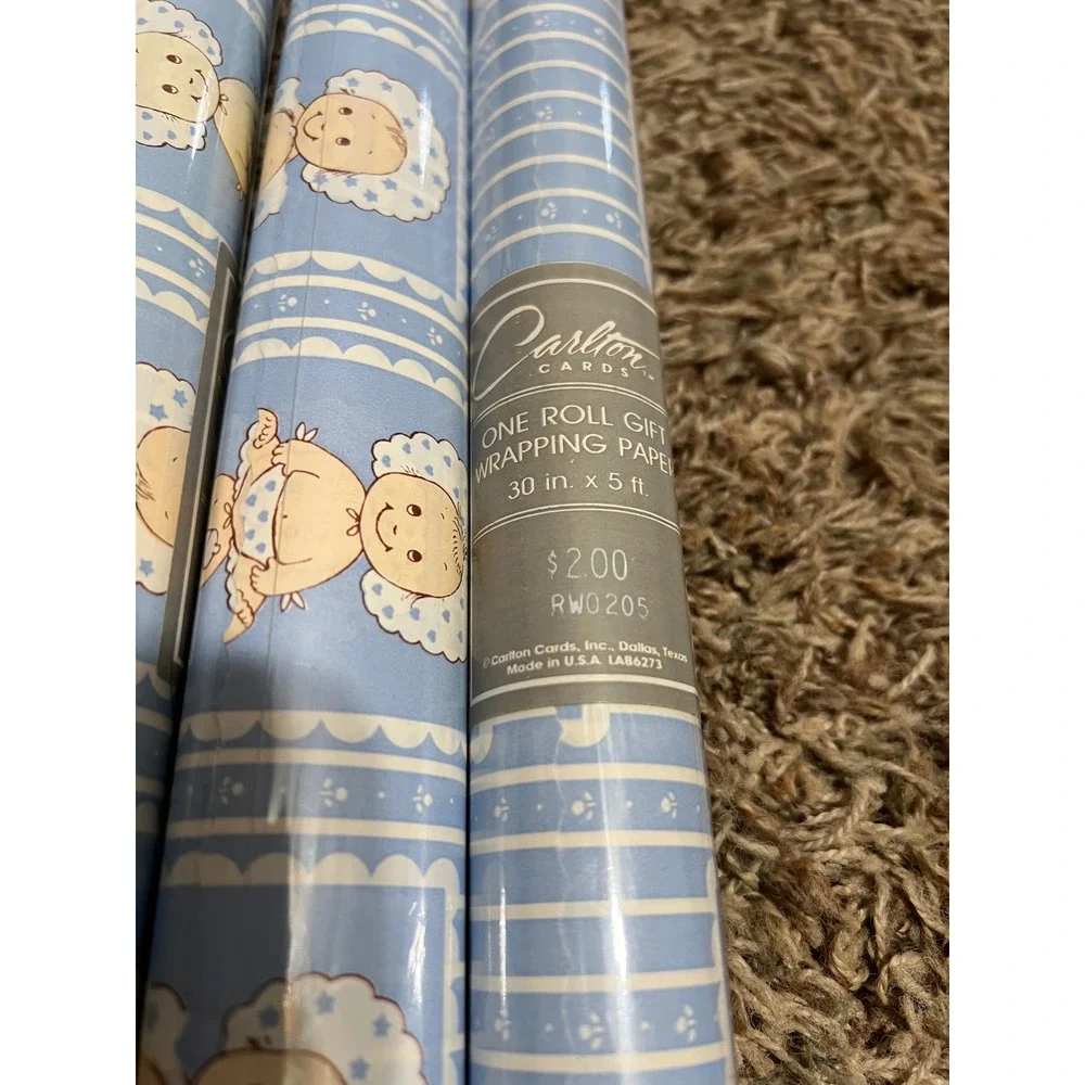 VTG Carlton Cards Blue Baby Boy Gift Wrapping Paper 4 Rolls 30in x 5ft RWO205